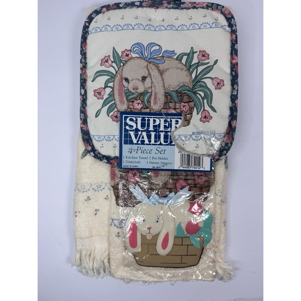 Vintage Potholder Magnet Towel 4 Pc. Set Country Rabbit Bunny Easter